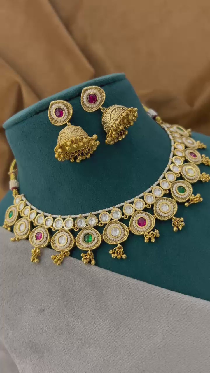 Multi-Stone Antique Kundan Necklace Set with Jhumka Earrings